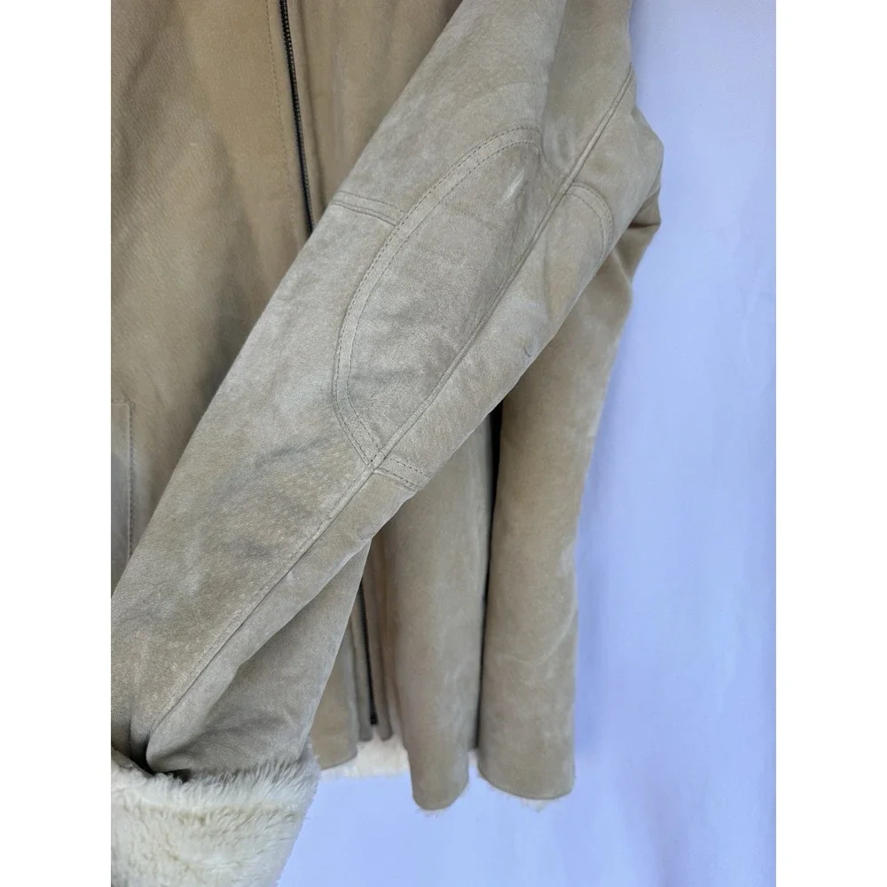 Jones NY Womens Penny Lane Suede Faux Fur Lined Coat Size L Hood Zip Tan *flaws